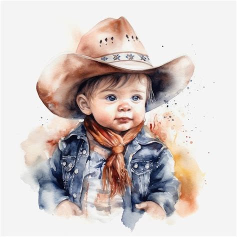 Premium AI Image Adorable Baby Dressed As A Cowboy In Watercolor On