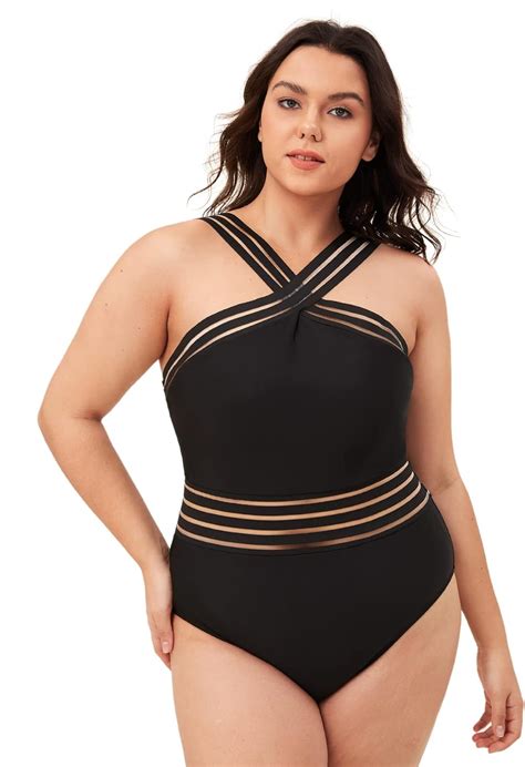 Wdirara Women S Plus Size Crisscross Mesh Halter One Piece Swimsuit