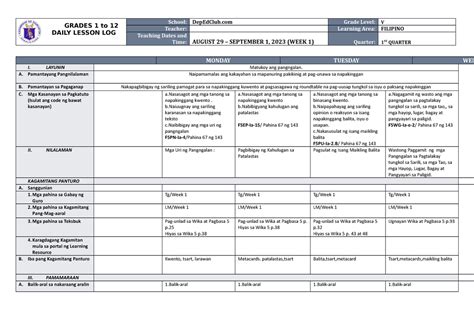 Dll Filipino 5 Q1 W1 Lesson Planning Grades 1 To 12 Daily Lesson Log School Depedclub Grade