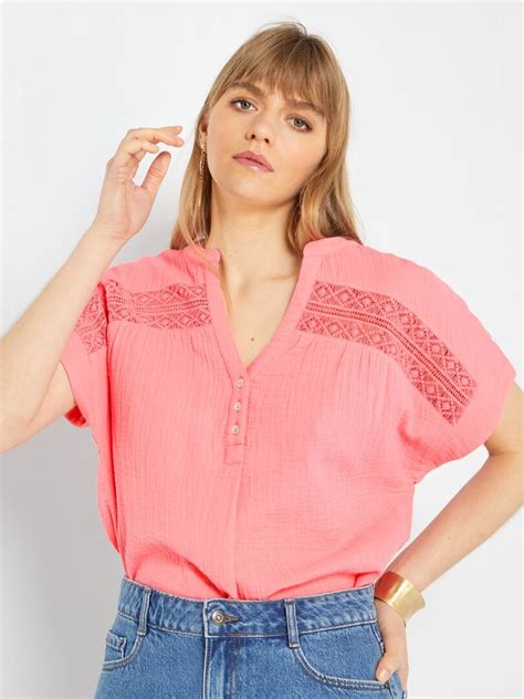 Blouse En Gaze De Coton Avec Broderie Rose Kiabi