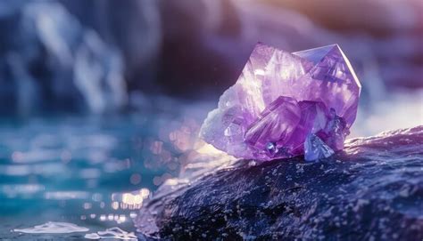 Premium Photo | A purple crystal is on a rock in a body of water