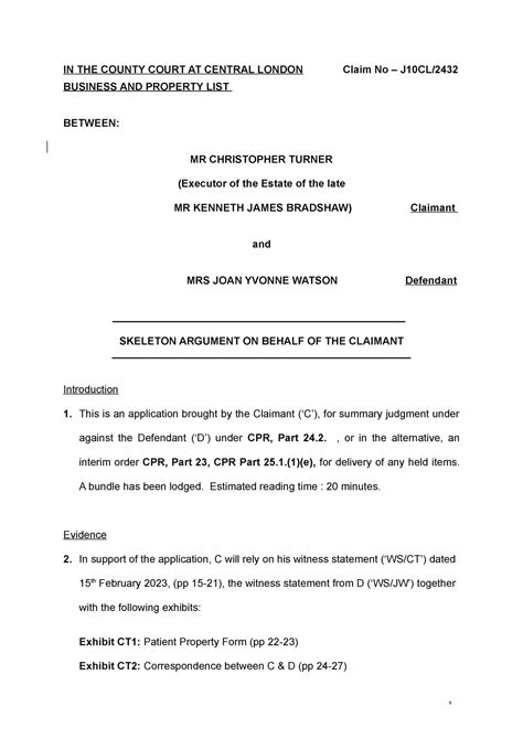 Skeleton Argument Turner V Watson In The County Court At Central