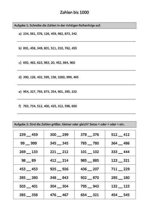 Arbeitsblatt Übung zum Zahlen ordnen und größer kleiner im Zahlenraum