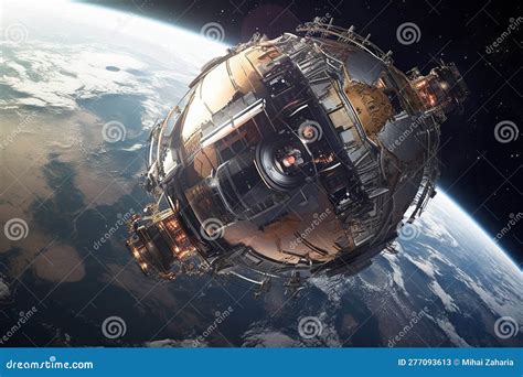 Spaceship Orbiting Planet In Futuristic Galaxy Exploration Generated By