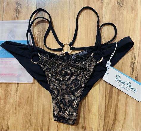 Beach Bunny Side M GunPowder Lace Bikini Bottom NWT Black Gold