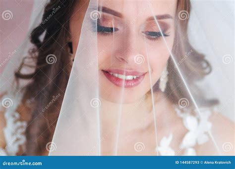 Beautiful Bride Portrait With Veil Over Her Face Close Up Portrait Of