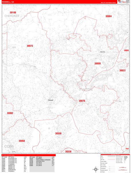 Roswell Georgia Zip Code Wall Map Red Line Style By Marketmaps Mapsales