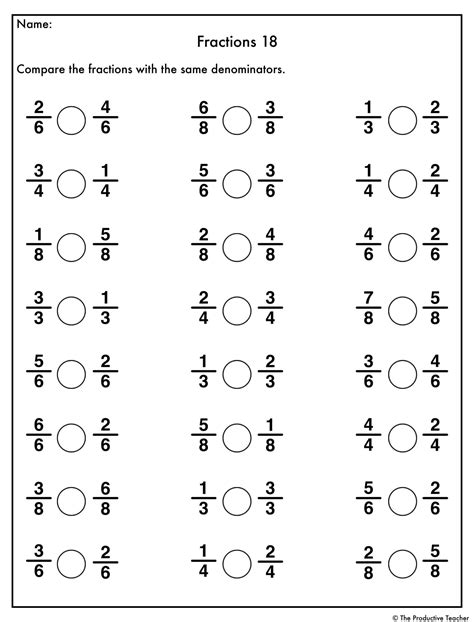 Comparing Fractions With Same Denominator Worksheet Fractions