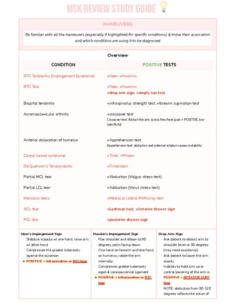 MSK Rheum Study Guide - MSK REVIEW STUDY GUIDE ³ MANEUVERS Be familiar