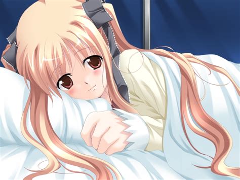 Safebooru 1girl Ayakaze Ryuushou Bed Blonde Hair Blush Brown Eyes Female Game Cg Hair Ribbon