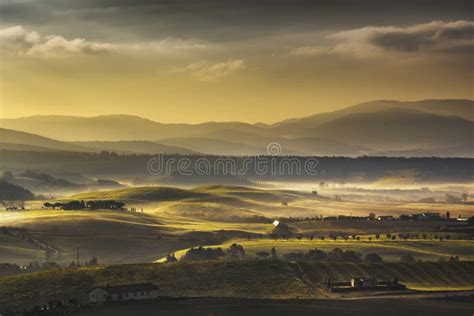 Tuscany Maremma Foggy Morning Farmlands And Green Fields Italy Stock