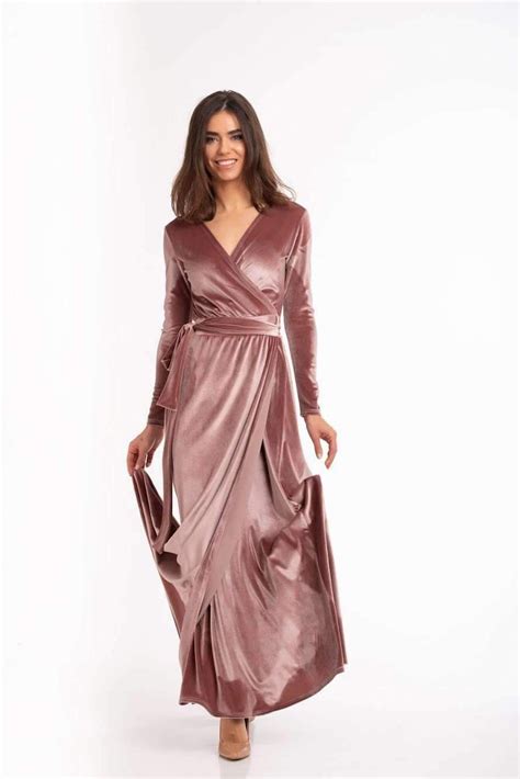 Mauve Velvet Dress Long Sleeve Velvet Dress Wrap Maxi Dress