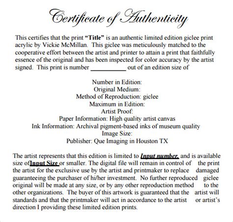 Art Authentication Certificate Template | HQ Template Documents