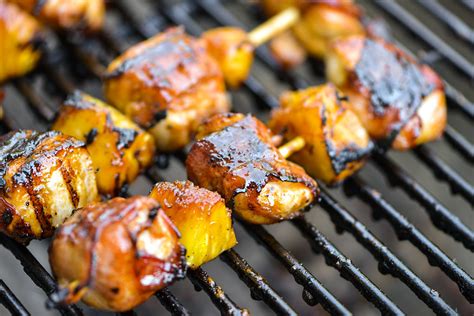 Grilled Bacon Wrapped Chicken Skewers With Pineapple And Teriyaki Sauce