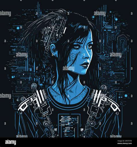 Cyberpunk Girl With Aqua Computer Schematics And Circuits Behind Her