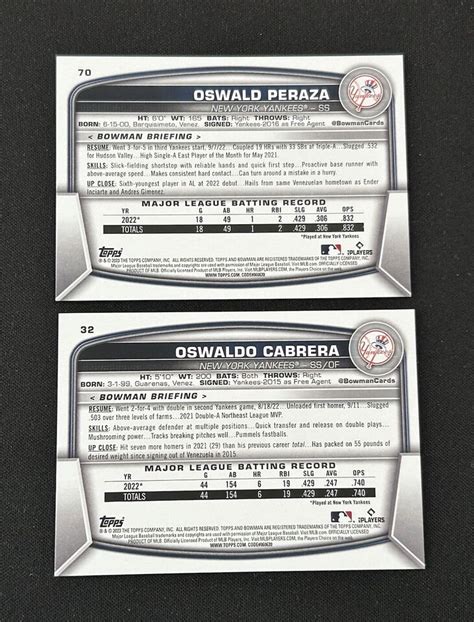 Bowman Rc New York Yankees Oswaldo Cabrera Oswald Peraza