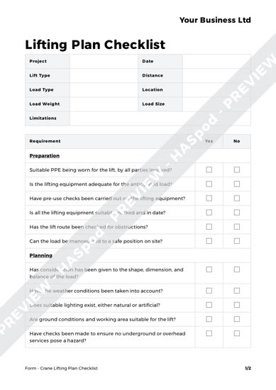 Crane Lifting Plan Checklist Form Template - HASpod