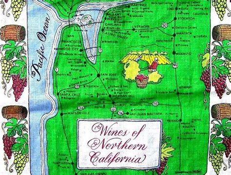 Vintage California Wine Map Napa Valley Sonoma Unique Tea Towel Wall