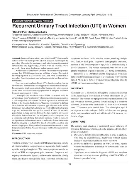 Pdf Recurrent Urinary Tract Infection Uti In Women