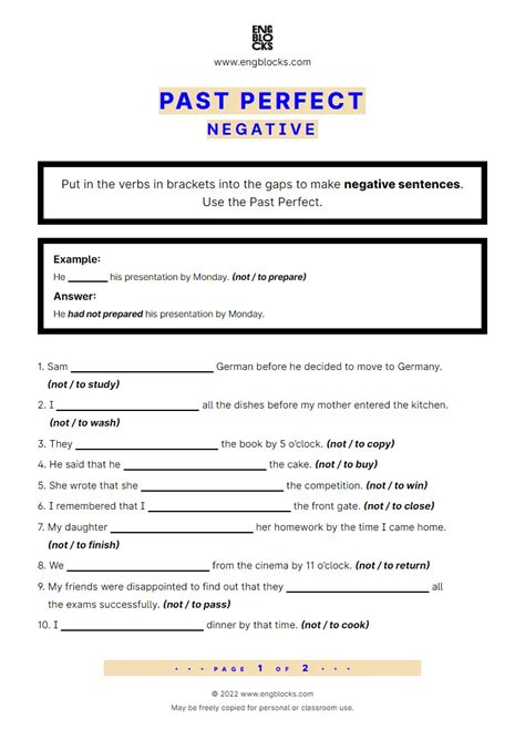 Past Perfect — Negative Esl Worksheets