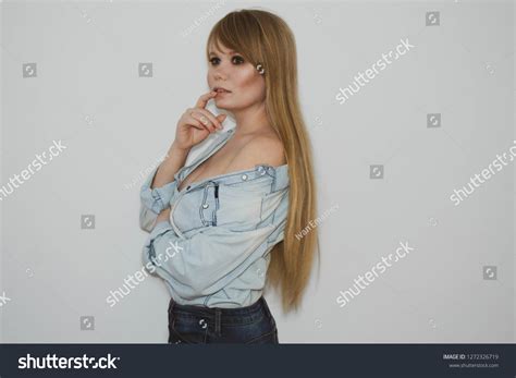 Beautiful Blonde Girl Denim Shirt Looks Stock Photo Shutterstock