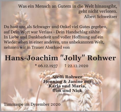 Traueranzeigen Von Hans Joachim Jolly Rohwer Sh Z Trauer