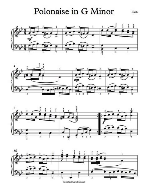 Free Piano Sheet Music – Polonaise In G Minor – Bach – Michael Kravchuk