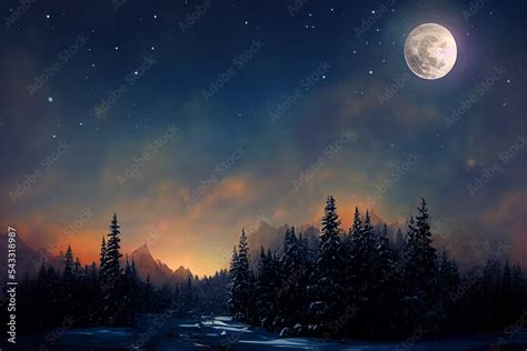 Amazing winter scenery. Landscape with magical winter night with full ...