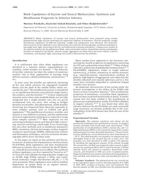 PDF Block Copolymers Of Styrene And Stearyl Methacrylate Synthesis