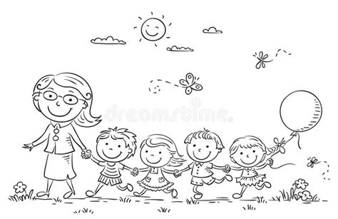 Cartoon Kids And Their Teacher Outdoors, Outline Stock Vector ...