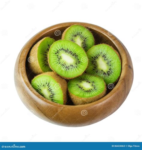 Juicy Ripe Kiwi Fruit In Wooden Bowl Isolated On White Background Stock