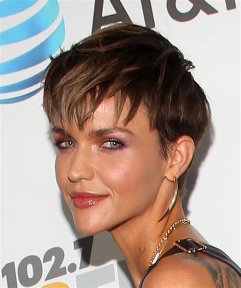 Ruby Rose Dark Brunette Pixie Haircut With Layered Bangs