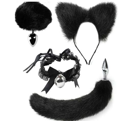 Kit Plug Anal Cola De Zorro Cola De Conejo Orejas Collar Cat Negro Rappi