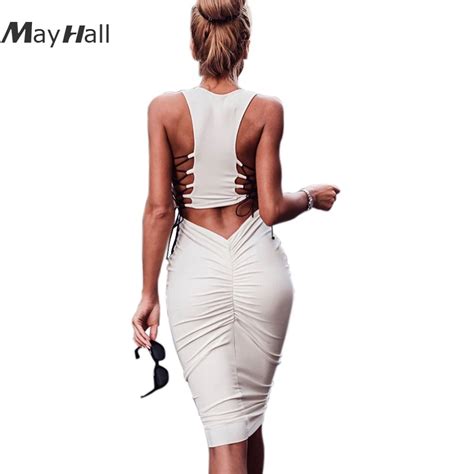 Mayhall Sexy Hollow Out Sleeveless Women Dress Backless Lace Up Summer