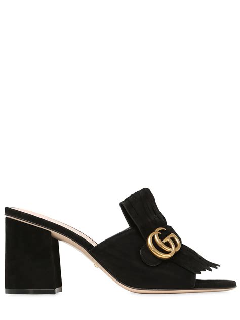 Gucci 75mm Marmont Gg Fringed Suede Mules