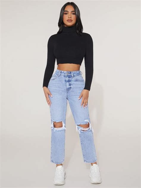 Shein Petite Jeans De Pierna Recta De Talle Alto Desgarro Mode De