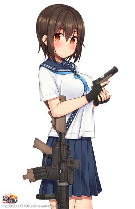 Safebooru 1girl Assault Rifle Blush Breasts Brown Eyes Brown Hair Gun Handgun Highres Hiiragi