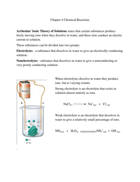 Chapter 4 Chemical Reactions Arrhenius' Ionic Theory of Solutions