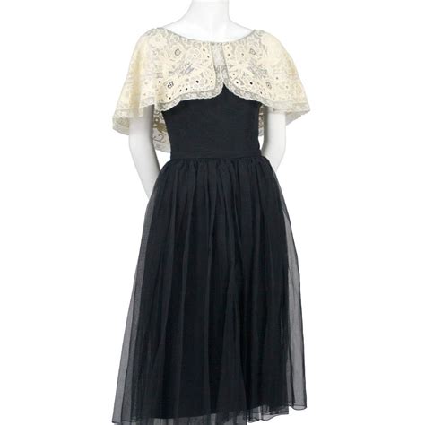 Larry Aldrich 1950s Vintage Dress In Black Organza With Wide Fine Lace