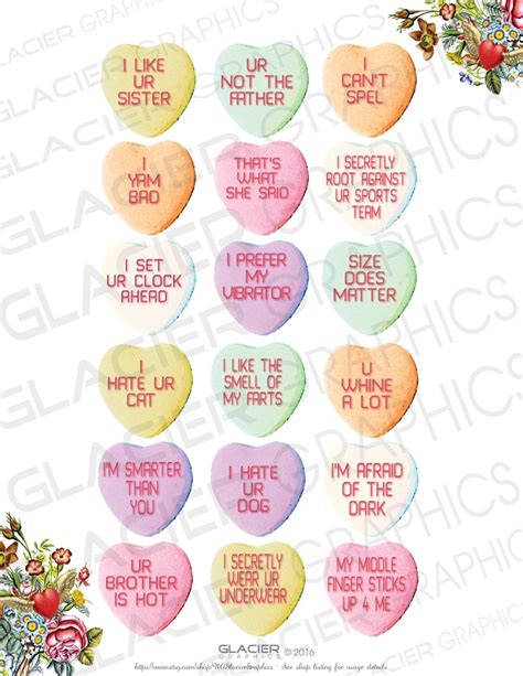 "Funny Valentine Candy Hearts Confessions. Perfect for jewelry, cupcake toppers, party favor ...