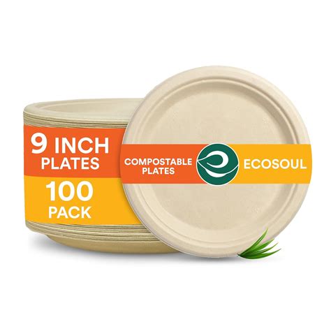 ECO SOUL 9 Inch 100 Pack Disposable Bagasse Plates Eco Friendly