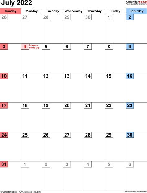 July 2022 Calendar | Templates for Word, Excel and PDF