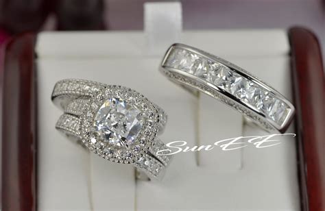 Couple Halo Cushion Cut Wedding Ring Set Engagement Ring Diamond Simulated 925 Sterling Silver ...