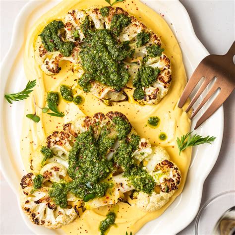 Cauliflower Steak With Carrot Miso Puree And Carrot Top Pesto Vegetarian Ventures