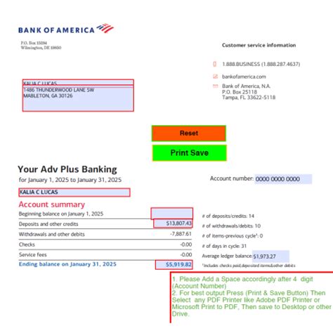 Bank of America January 2025 Personal Bank Statement Template ...
