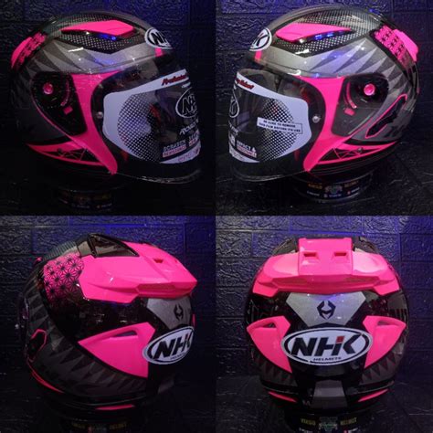 Jual HELM NHK R1 BIZARE PINK FLOURECENT SILVER DOUBLE VISOR ONGKIR