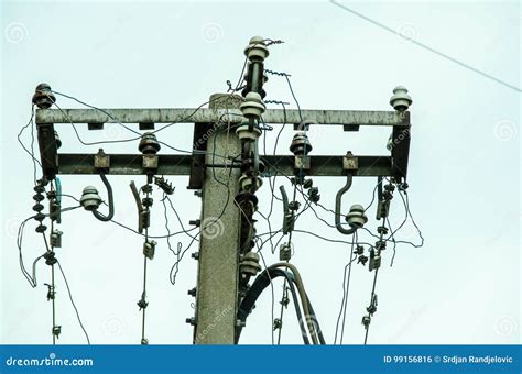 Concrete Electric Pole With Bunch Of Wires Stock Photo Image Of