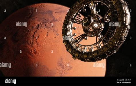 huge space station in orbit of the red planet Mars (3d science fiction illustration, elements of ...