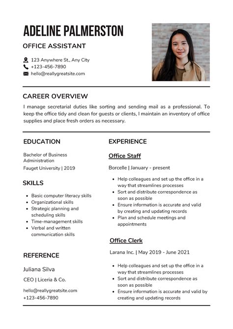 Black And White Simple Office Assistant Resume Adeline Palmerston 123 Anywhere St Any City