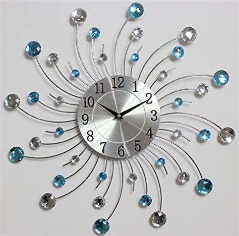 Cm Diamante Beaded Jeweled Sunburst Silver Wire Teal Wall Clock